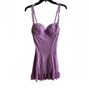 Lavender Floral Embroidered Slip Dress With Ruffle Trim & Adjustable Straps